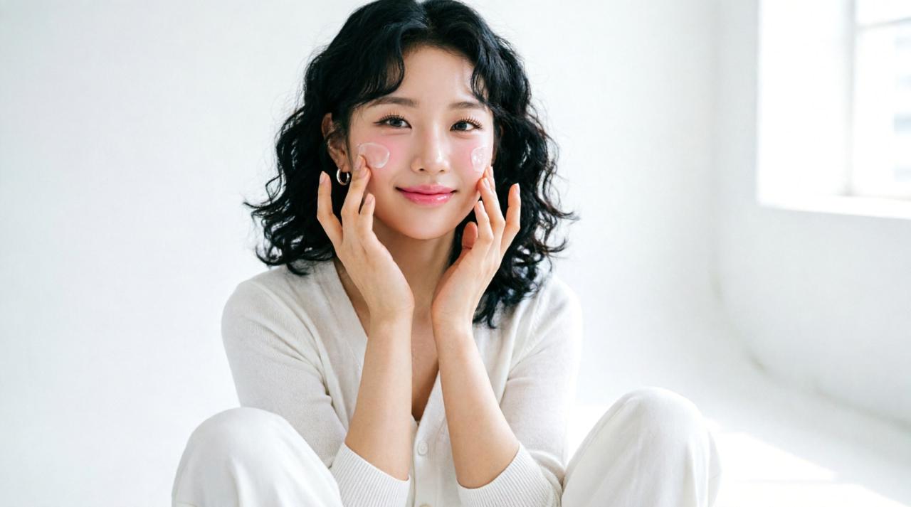 清潔なグラスに入ったお茶と水を両脇に、鼻先のツヤやかで澄んだ肌の女性のアップショット