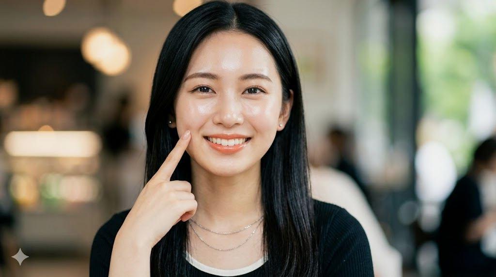 ツヤのある薄膜ベースメイクで透明感を引き出した女性の肌