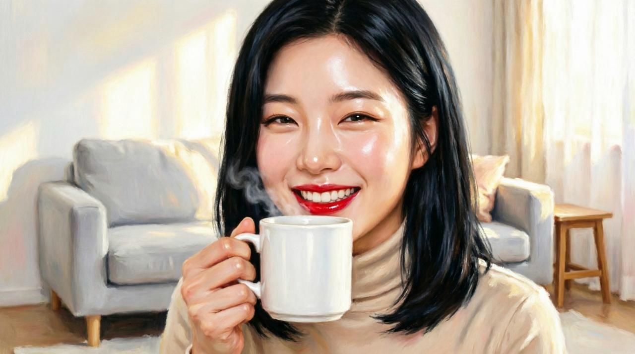 温かいジャスミンティーを両手で包み込み、窓辺で穏やかに微笑む女性