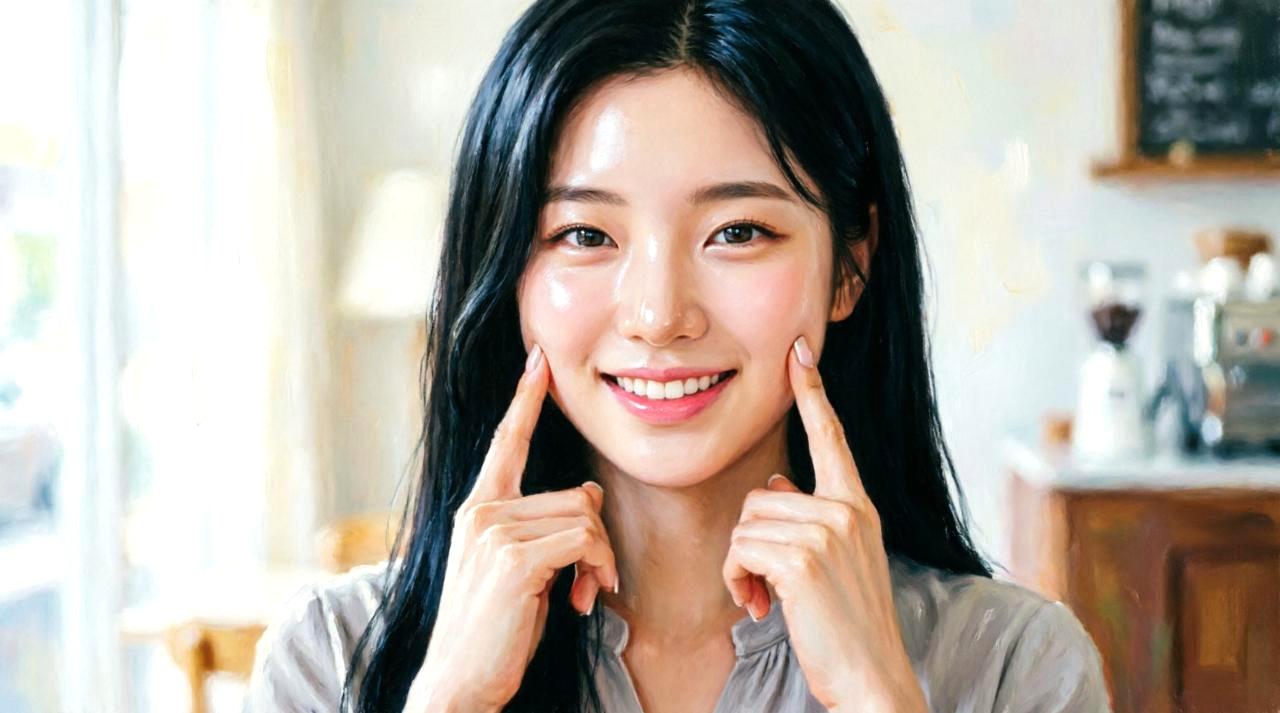 20代後半の女性が鏡の前でほうれい線を気にしながら、ボトックス治療で若々しい笑顔を取り戻す美容イメージ