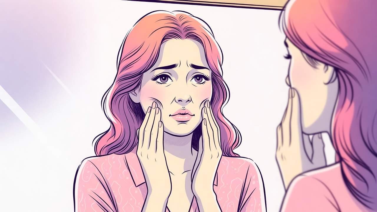 スマートフォンで美容情報を調べながら鏡を見る女性の姿