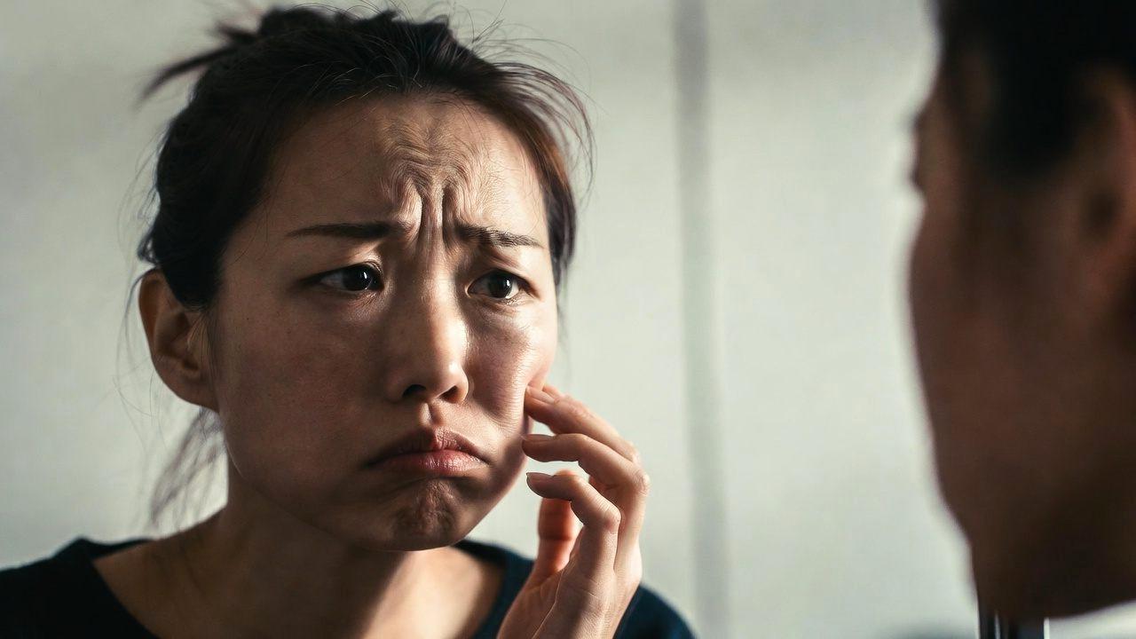 20代後半の女性が鏡を見て悩む、頬のニキビ跡の赤みとざらつきのある肌のクローズアップ