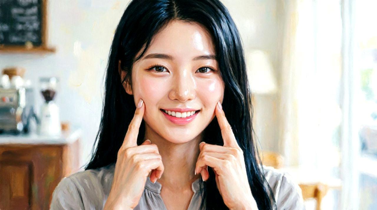 鏡の前で自信に満ちた笑顔を見せる美肌の若い女性