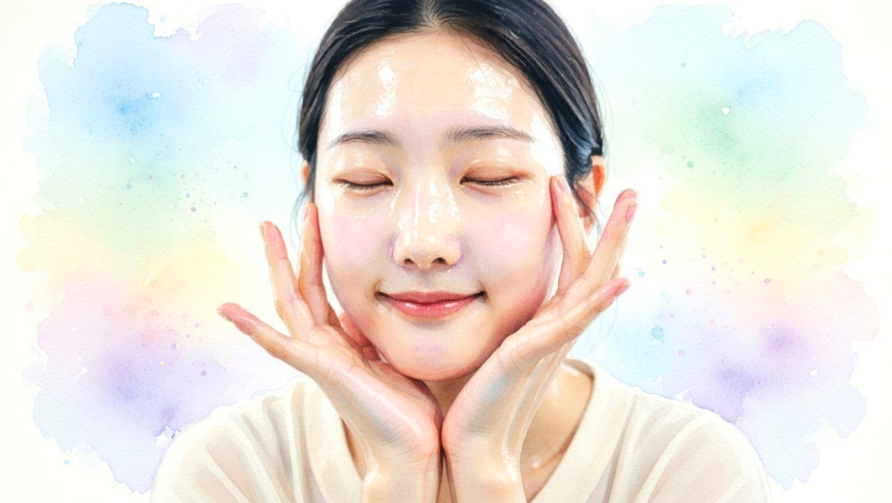 夜の寝室でアイマスクをつけ、朝の洗面台で優しく泡洗顔する2コマのイラスト