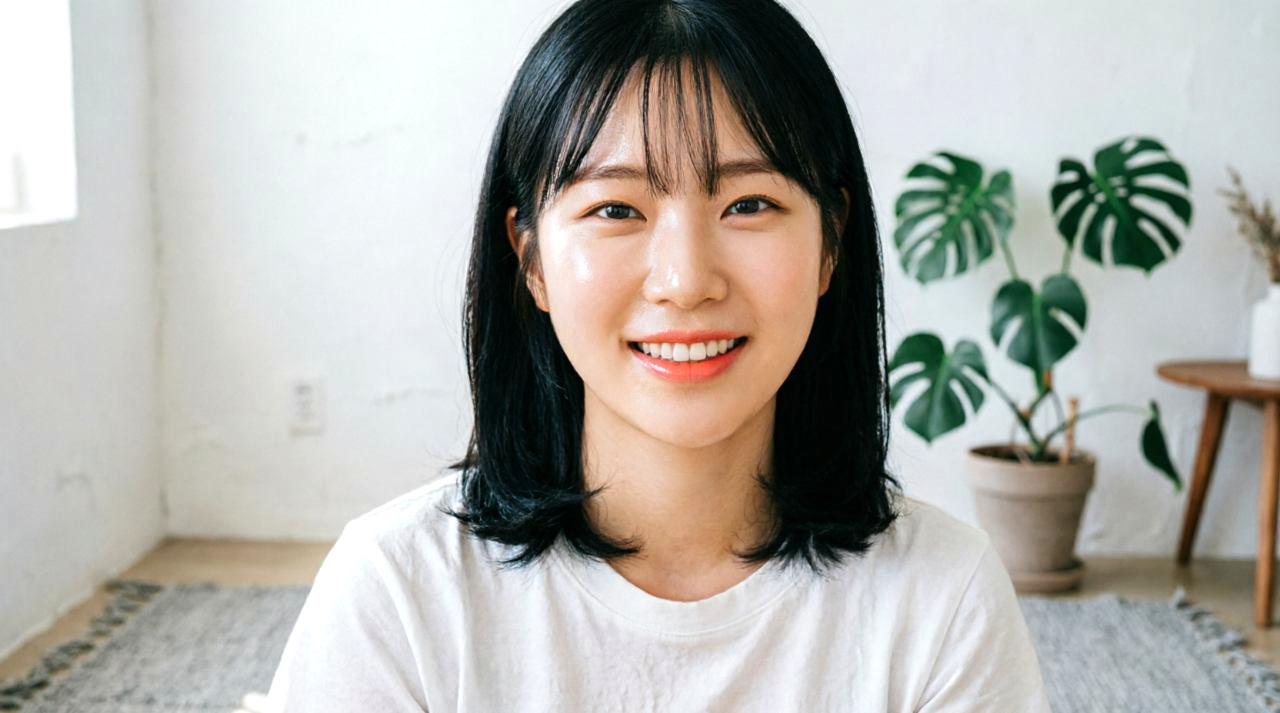 眉間のしわにより少し怒ったような表情に見えている女性の顔写真