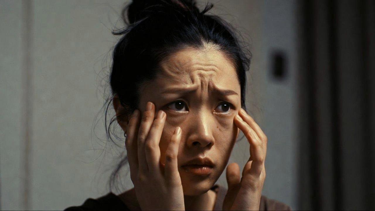鏡を見つめ眉をひそめる女性の姿