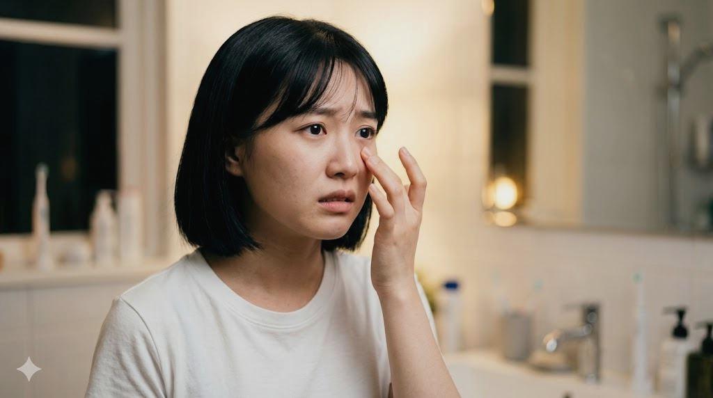 10代の女性が鏡を見て自分の肌に触れながら将来の肌悩みを考えるイメージ