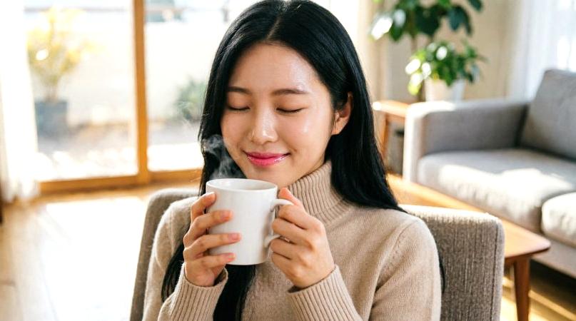 ノートとペン、コーヒーカップ、ハーブの葉が置かれた机