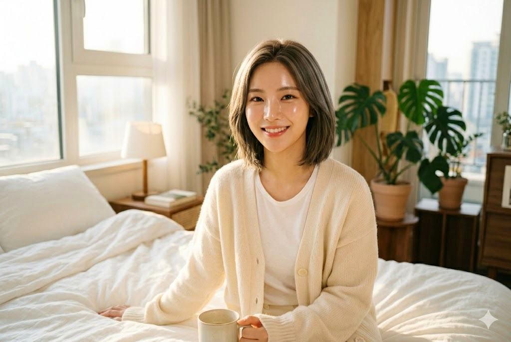 酵素風呂で温まった後、深い眠りにつく女性の寝室の落ち着いたイメージ