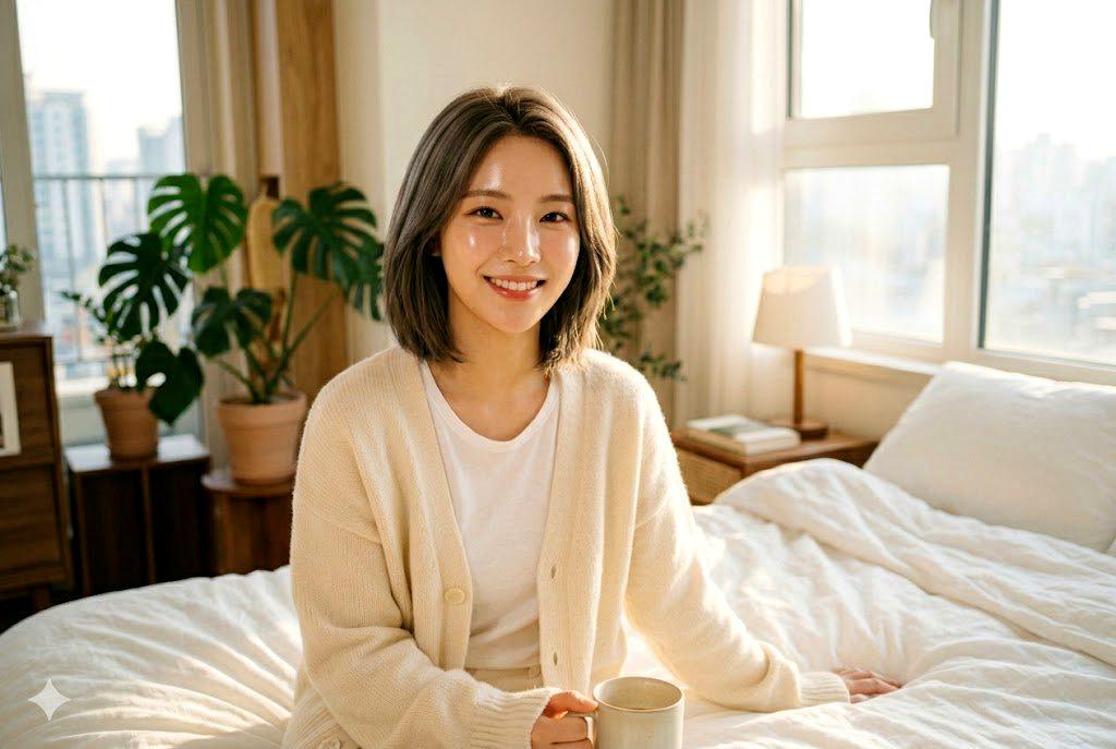 鏡の前で自分のラインを確認し、満足げに微笑む20代女性、健康的な美ボディの実現