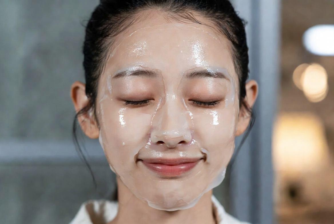 酵素風呂後に化粧水を丁寧にハンドプレスする女性のクローズアップ