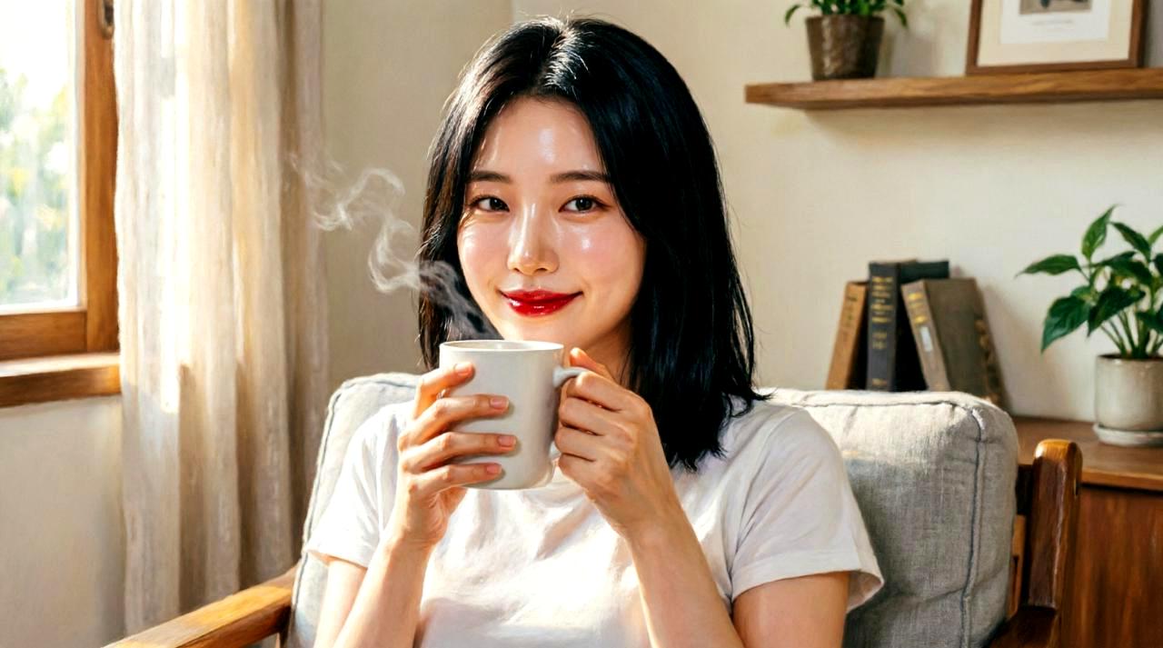 スマホやPCと向き合いながらも、透明感のある肌と引き締まった輪郭を保つ30代女性のイメージ