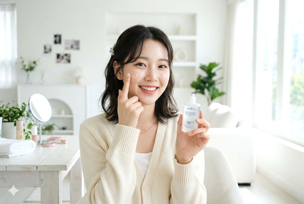 洗顔後にミスト化粧水を正しく使う女性