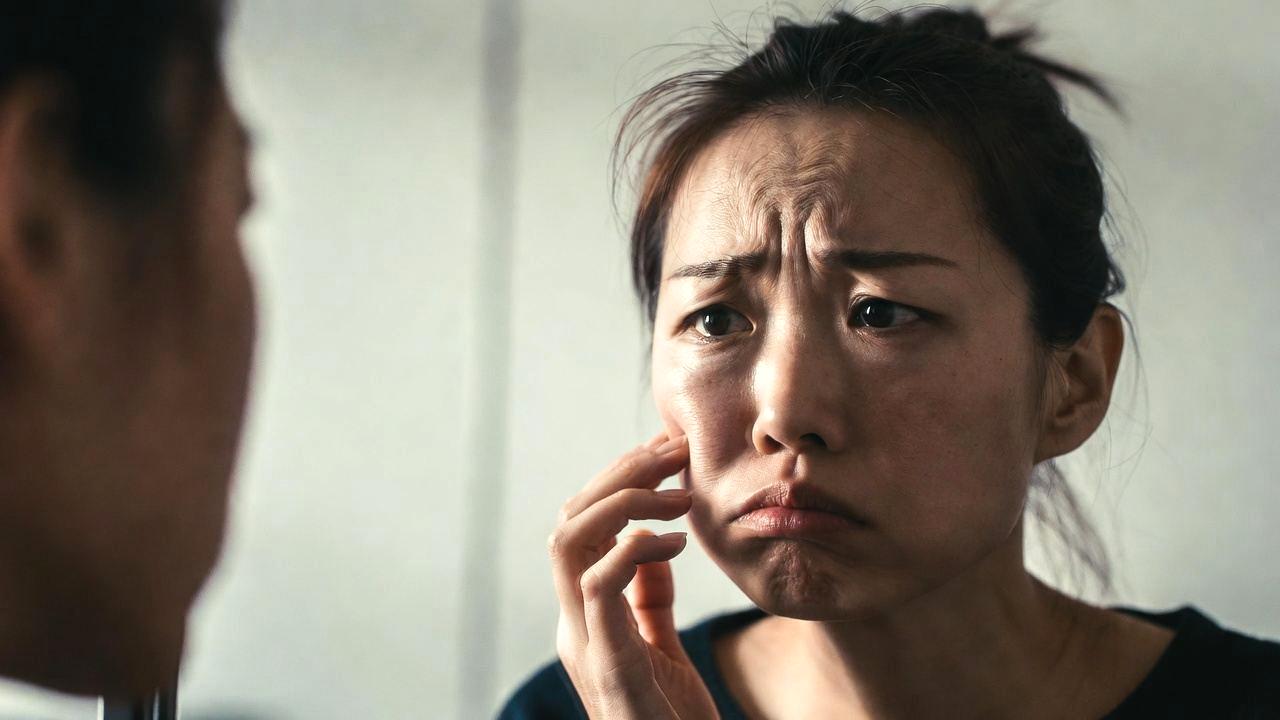 膝に手を当てて悩む女性と、時計の針が12時を示すランチタイムのイラスト