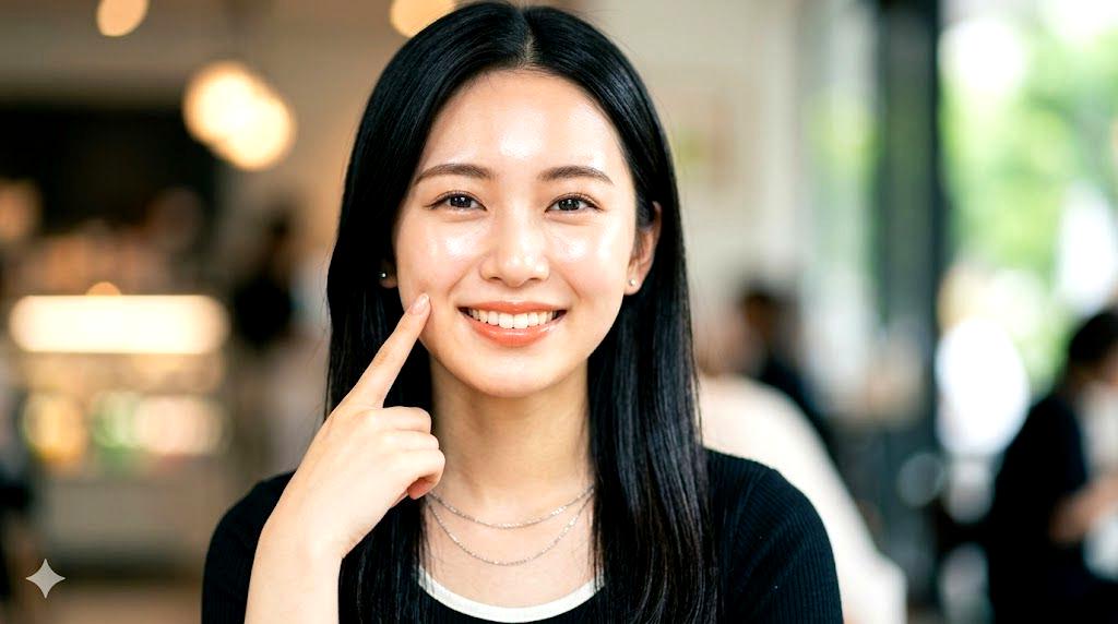 UVケアミストを手に持って、明るい日差しの中で自信に満ちた表情を見せる女性