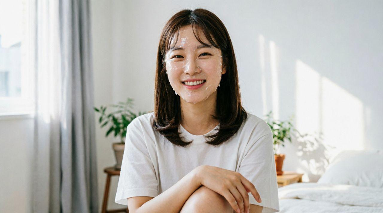 泡立てた洗顔料で優しく洗顔する女性