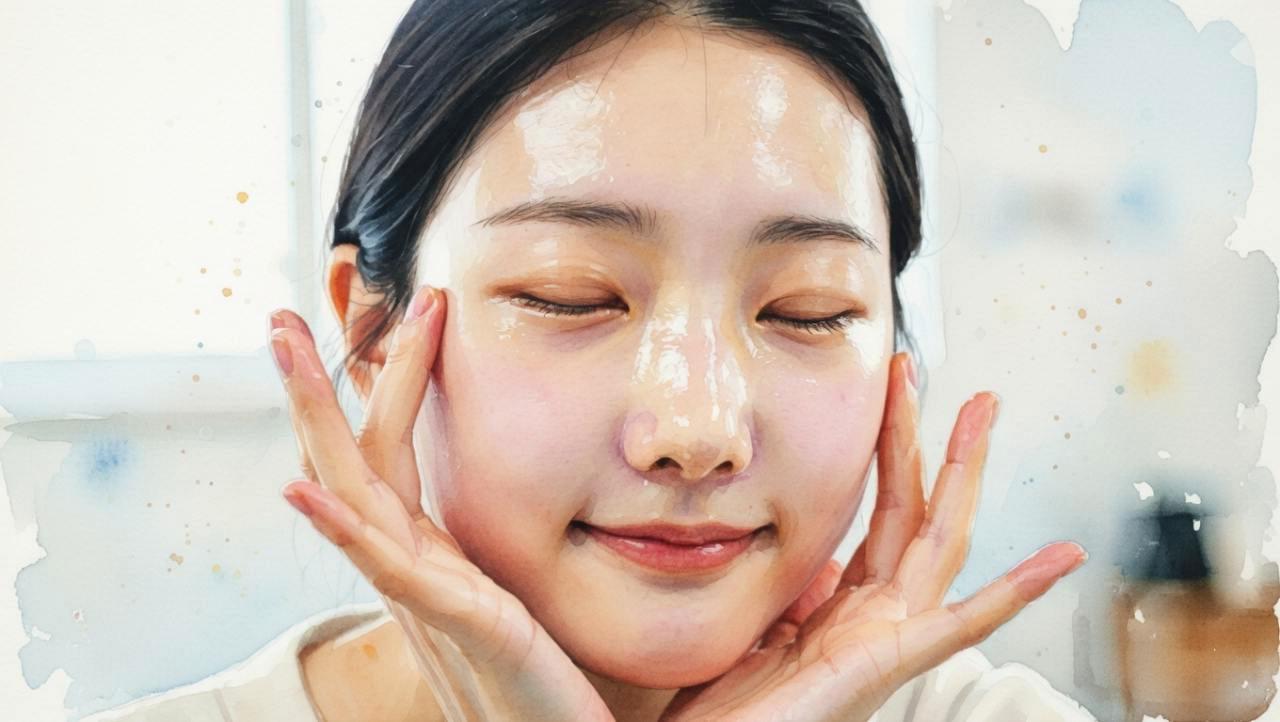 夜の洗面台でクレンジングクリームを使い、肌をやさしくいたわる上品な大人の女性