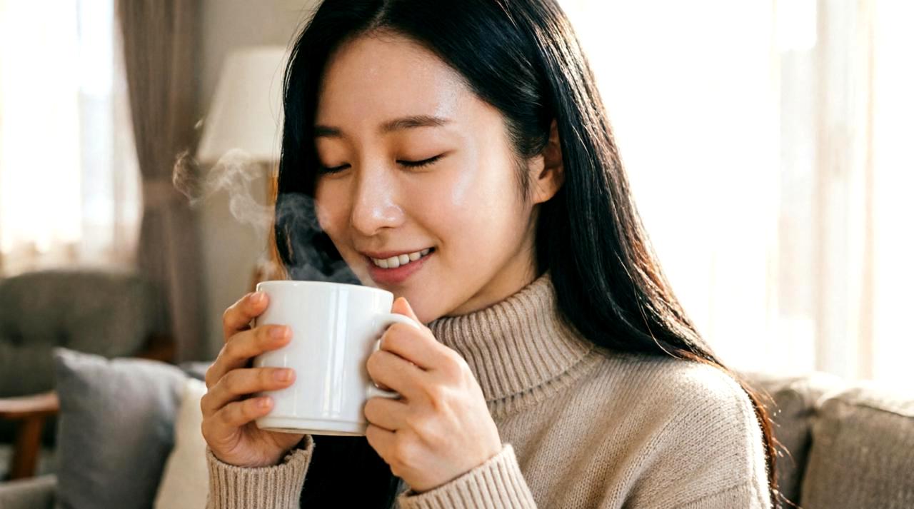 洗練された暮らしの中でドクダミ茶を楽しむ大人の女性の美容イメージ
