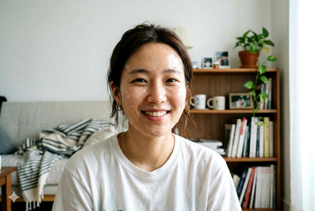 洗顔後に化粧水を手で優しくプレスする女性の横顔