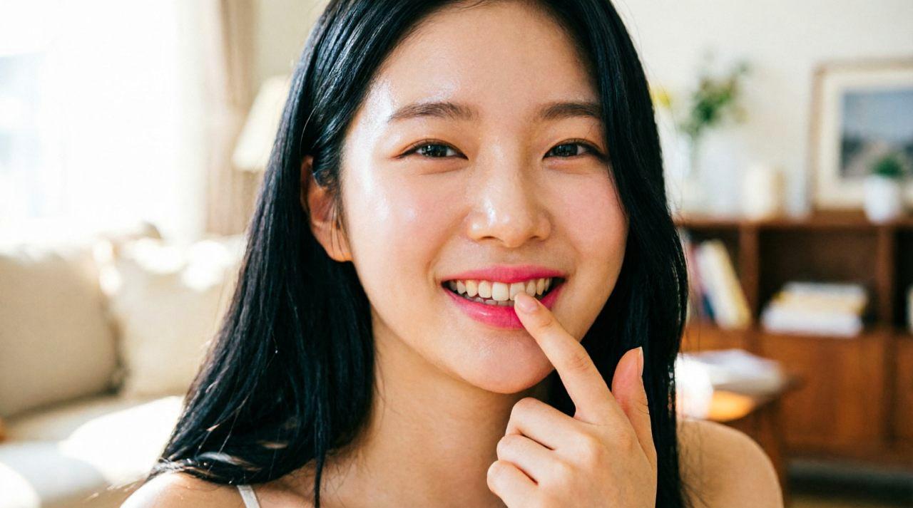 鏡を見ながら笑顔でリップケアを完了する女性
