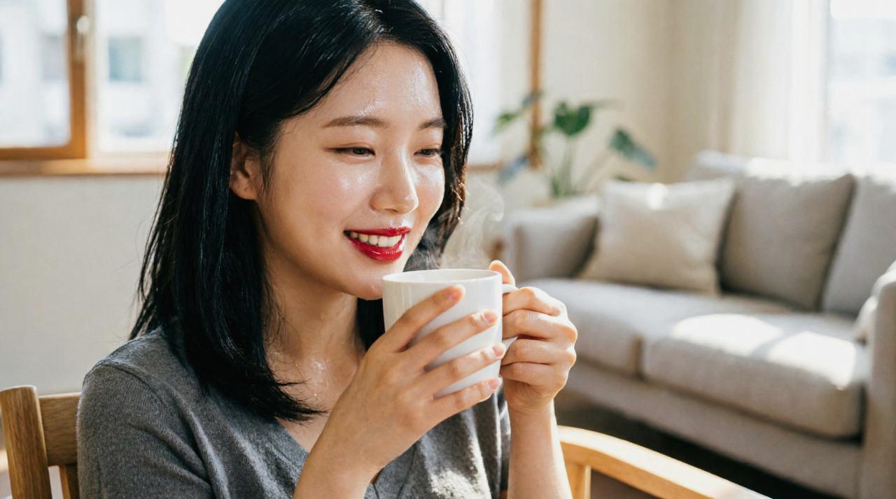 ヘルシーな飲み物を飲みながら微笑む女性