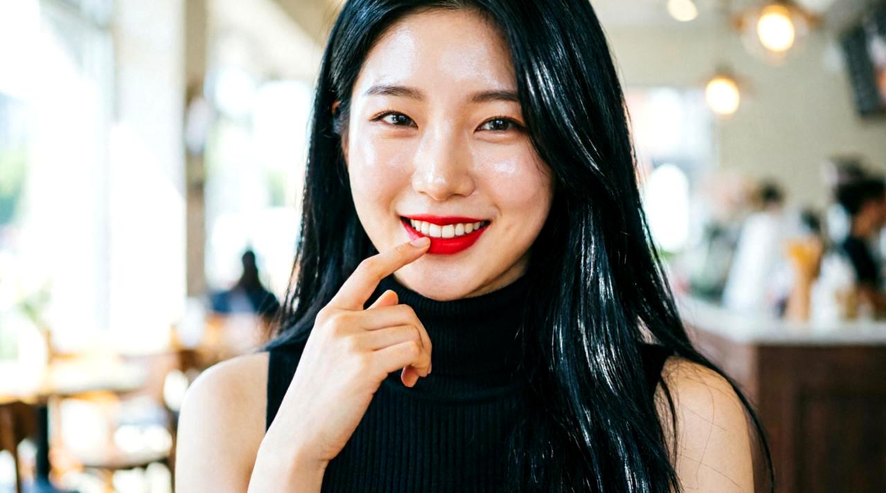 鏡の前で美しい体と輝く肌を自信に満ちた笑顔で見つめる女性