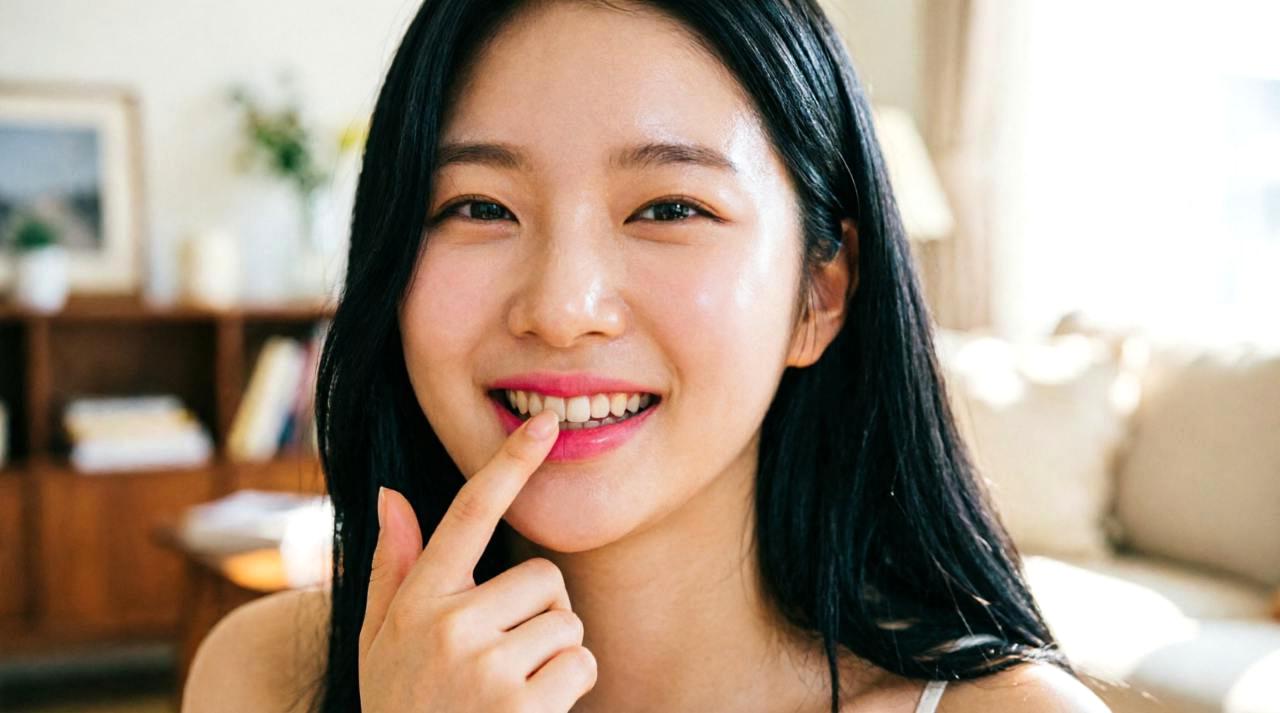 オフィスで鏡を見ながら舌の位置を確認している女性の様子