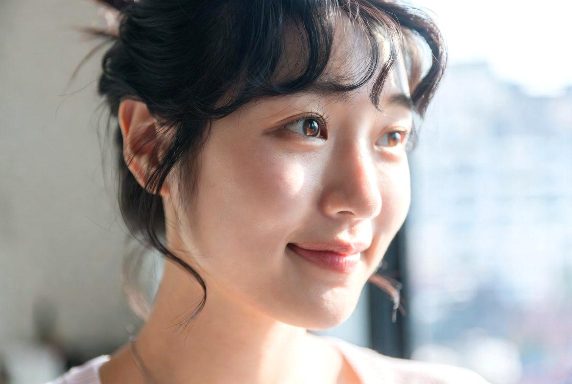 ボリュームのある美しい髪を手で触りながら微笑む女性の横顔