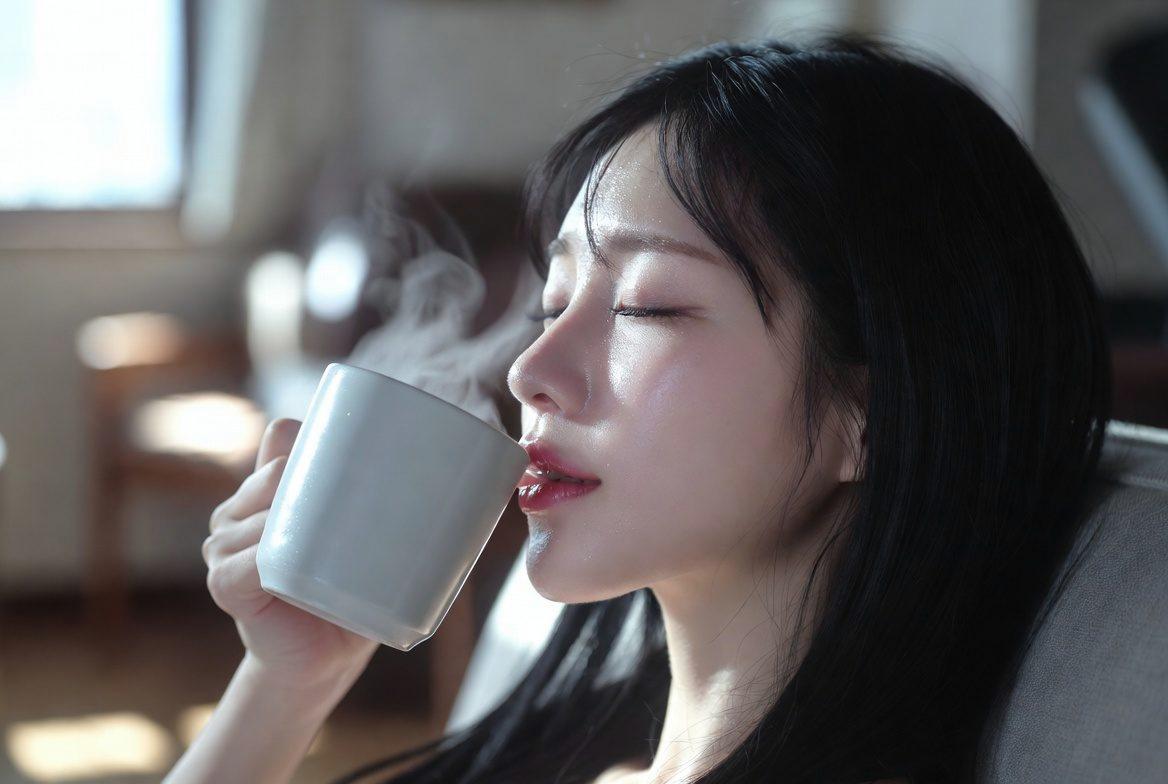 ドクダミ茶を飲む女性と美肌のイメージ