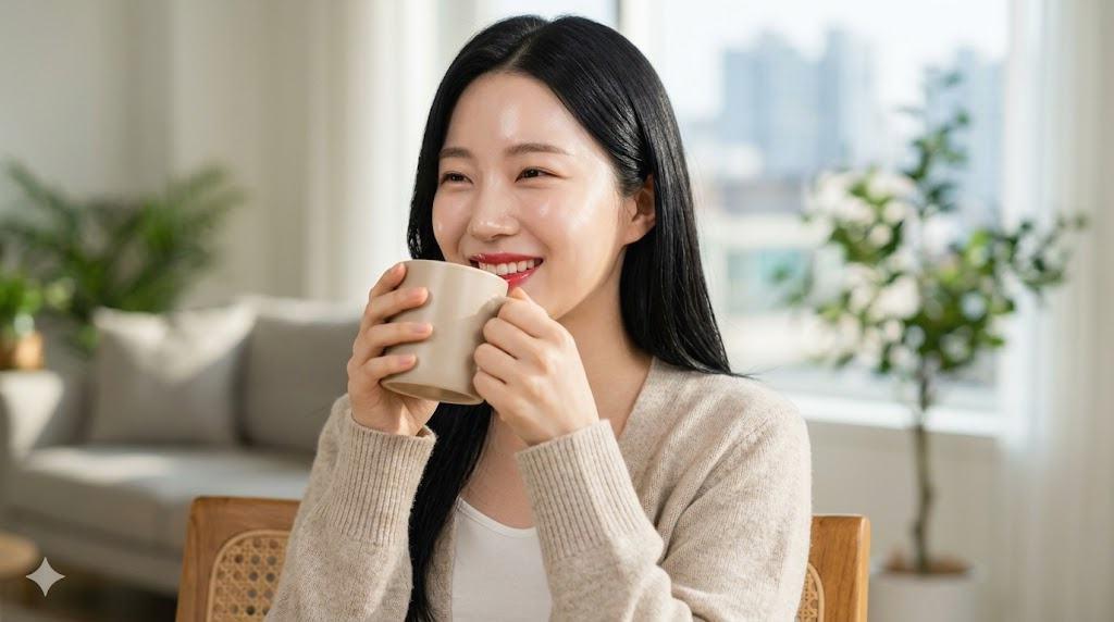 美容成分が含まれた飲み物を手に取り、成分表示を確認している女性のイメージ画像