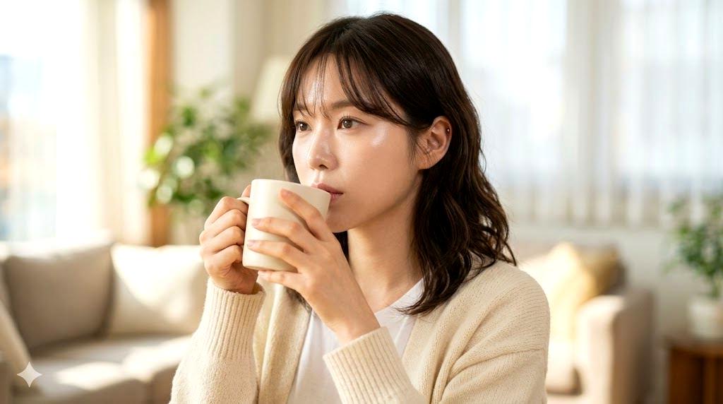 白湯を飲みながら朝の光の中で穏やかに過ごす女性のイメージ