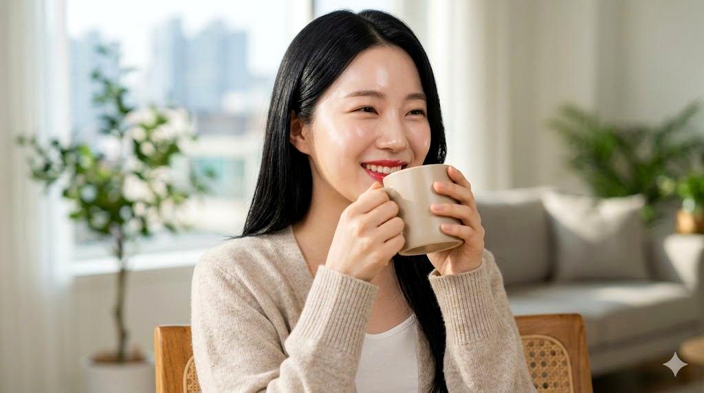 昼休みにドクダミ茶を飲むことで午後の眠気を吹き飛ばし、美肌も叶える様子