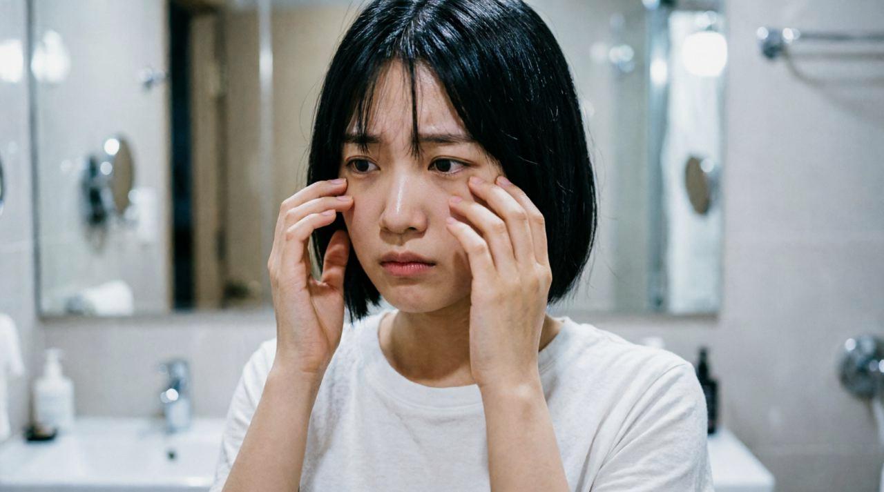 アイクリームを指先で目元に優しく塗布しながらマッサージする女性の手元