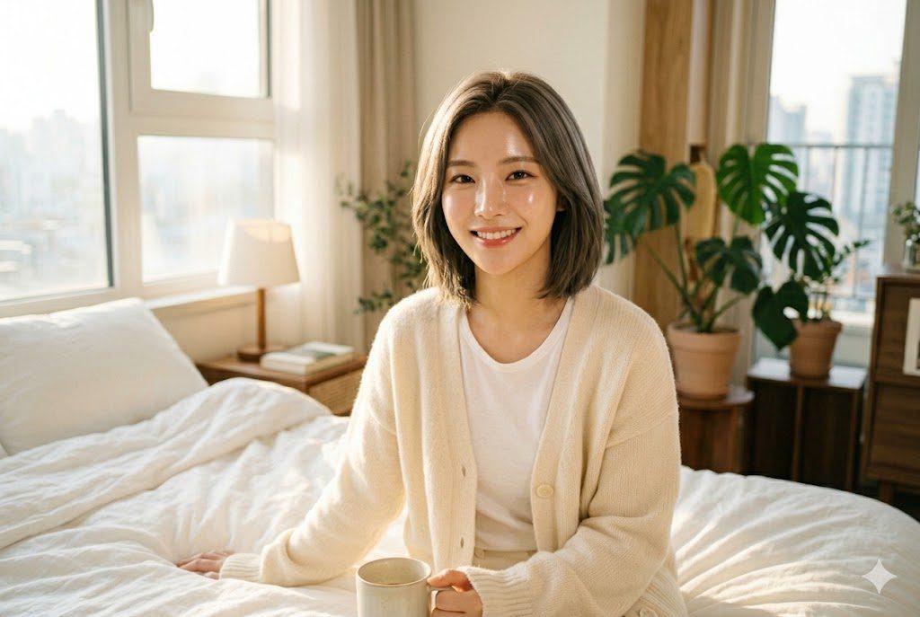 朝のスキンケアでジェルタイプの日焼け止めを塗っている女性の手元と、崩れにくいメイクの様子