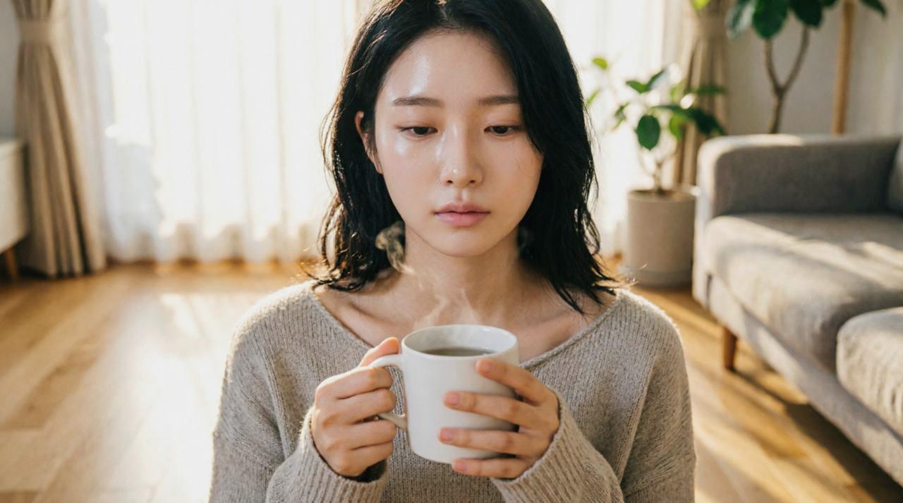 食後にヘルシーな飲み物を飲む女性の美容ケア図
