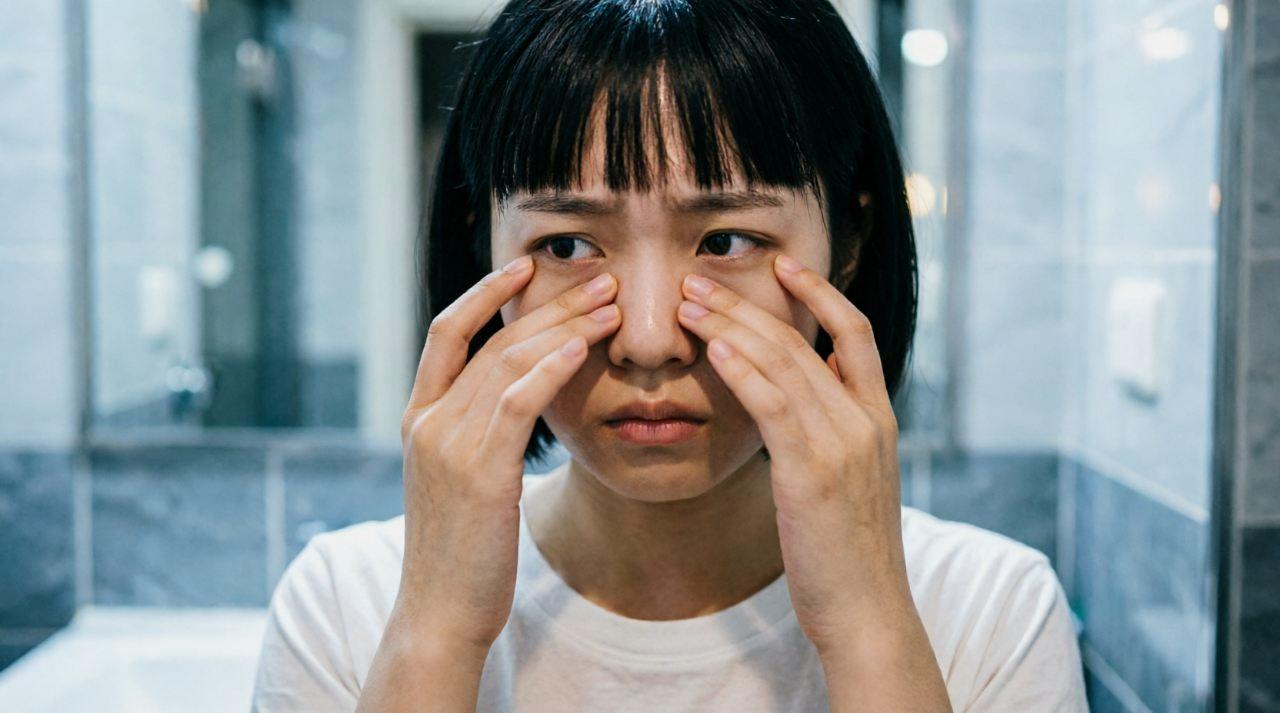 鏡の前でスッキリした表情を見せる朝の女性の姿