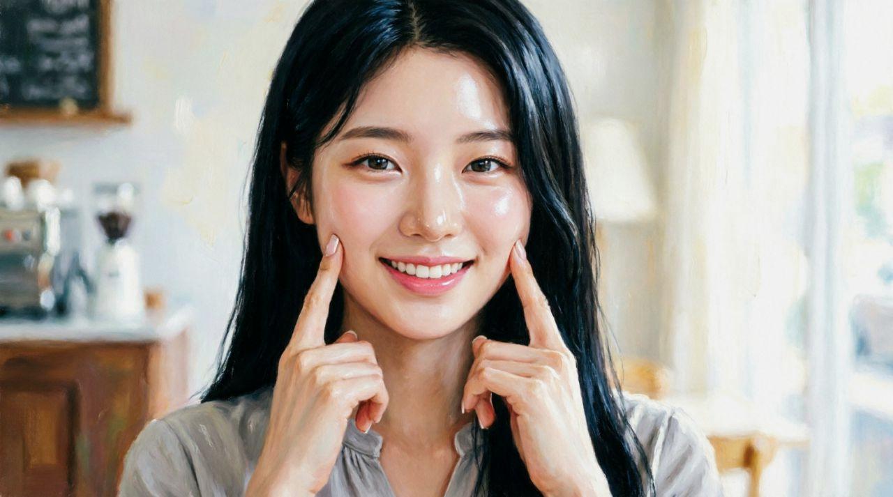 10年後の美肌をイメージした、輝く笑顔のアラサー女性。光老化対策アイテムとエイジングケア製品が並ぶ静物画