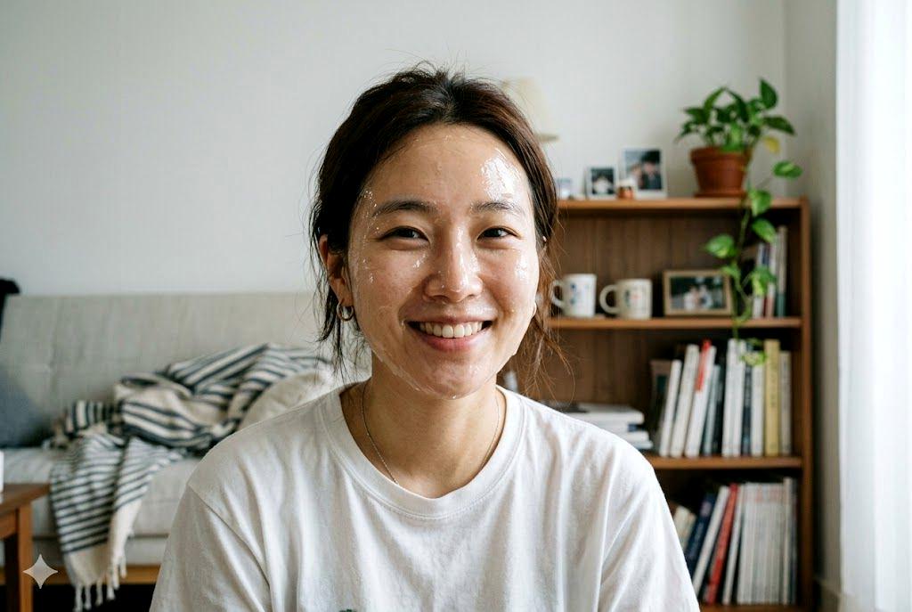 若い女性が鏡の前で肌の状態をチェックしている様子