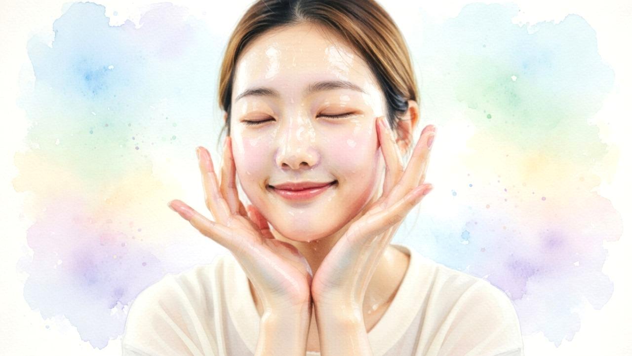 夕方の洗面台で洗顔をする女性の横顔