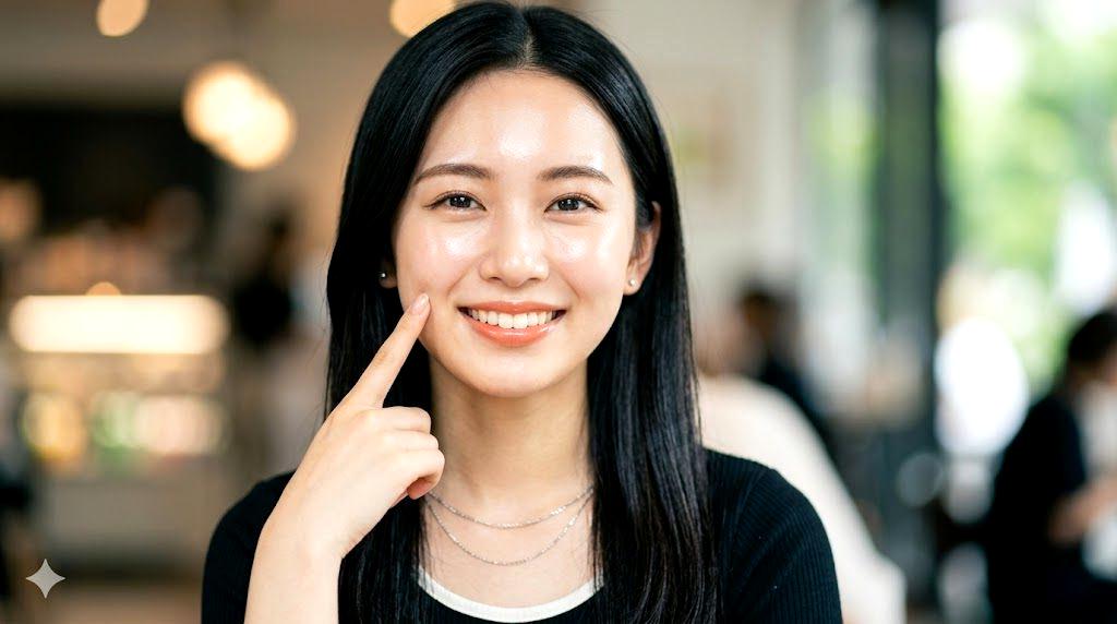 ハリとツヤのある均一な肌にファンデーションが密着し、ほうれい線や目元にまるまりがない大人女性のアップショット
