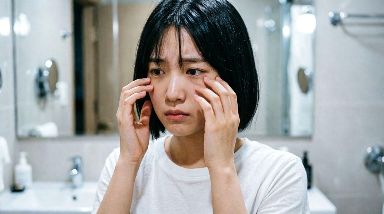 夜更かしによる肌の乾燥や目元の疲れを表現した美容イメージ