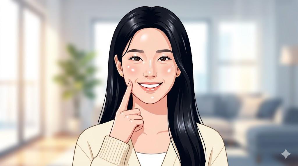 レチノール美容液を手のひらに一滴落とし、優しく顔にのばす女性の手元