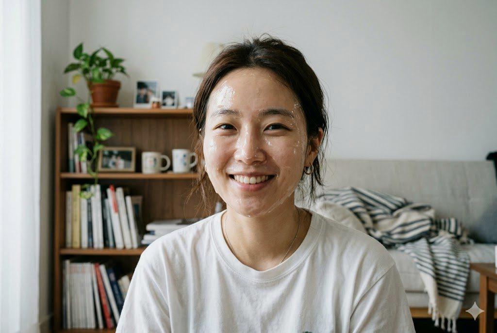 朝の光の中で泥パックを塗り、鏡の前で自信に満ちた笑顔を見せる大人の女性、サラサラ肌でメイク崩れゼロの朝のスキンケアシーン