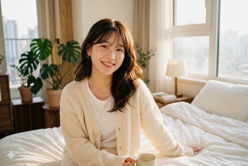 朝のUVケアクリームを塗る女性の手元と、透明感のある肌のアップ写真