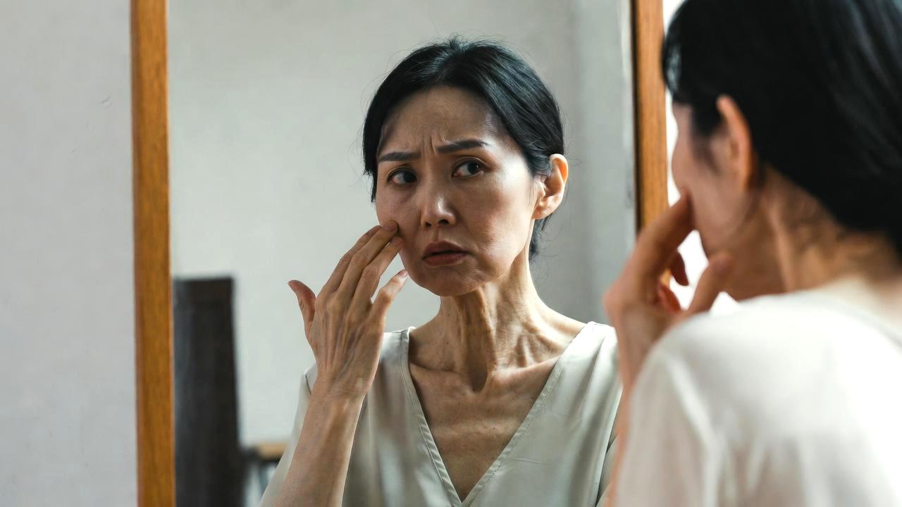 朝、窓際で冷えた体を抱える女性のシルエットと温かい光