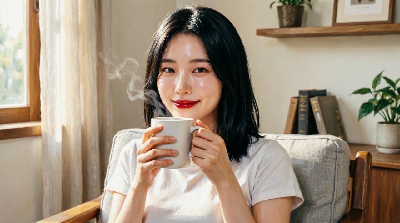オフィスのデスクで昼休みに茶を飲む女性