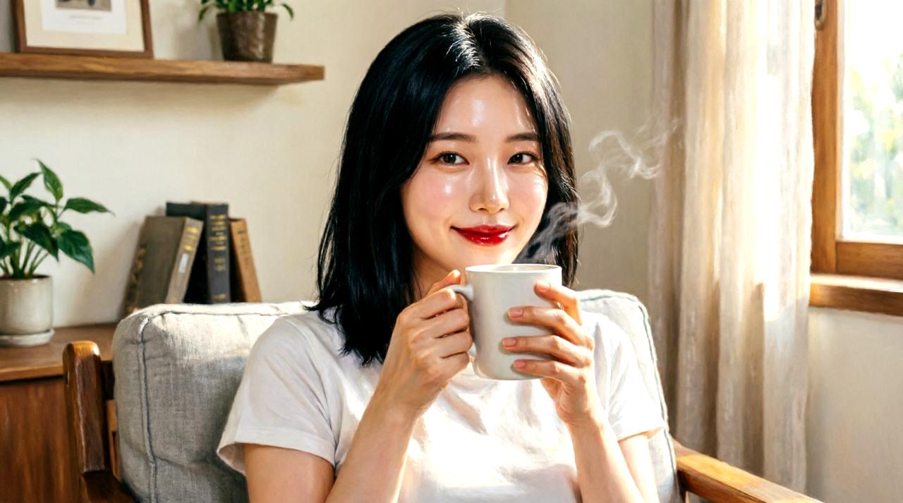 朝日が差すキッチンでカフェオレを手に持つ女性