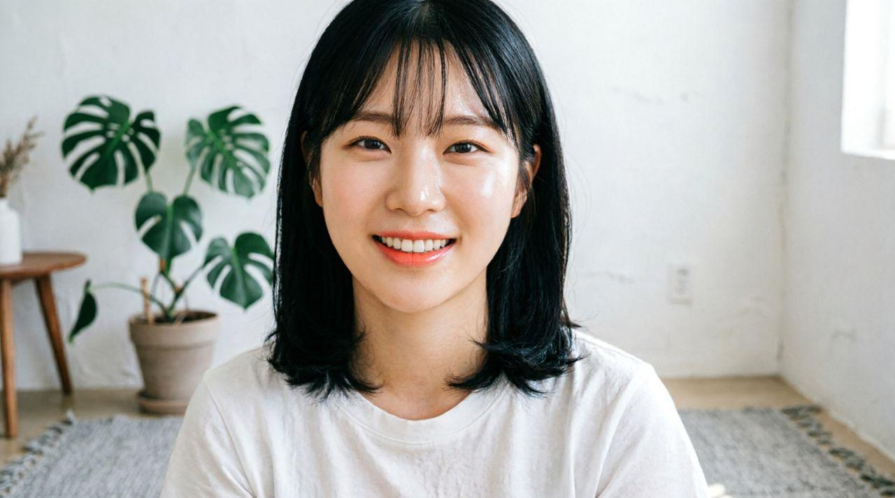 鏡の前で自信満々に微笑む美肌の女性