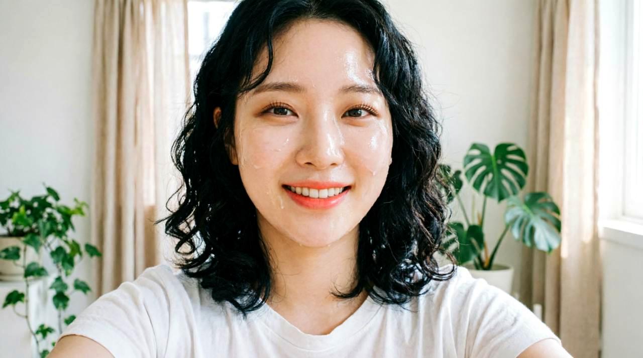 前髪を上げておでこを見せ、スキンケア後のツヤ肌をアピールする女性のイメージ写真