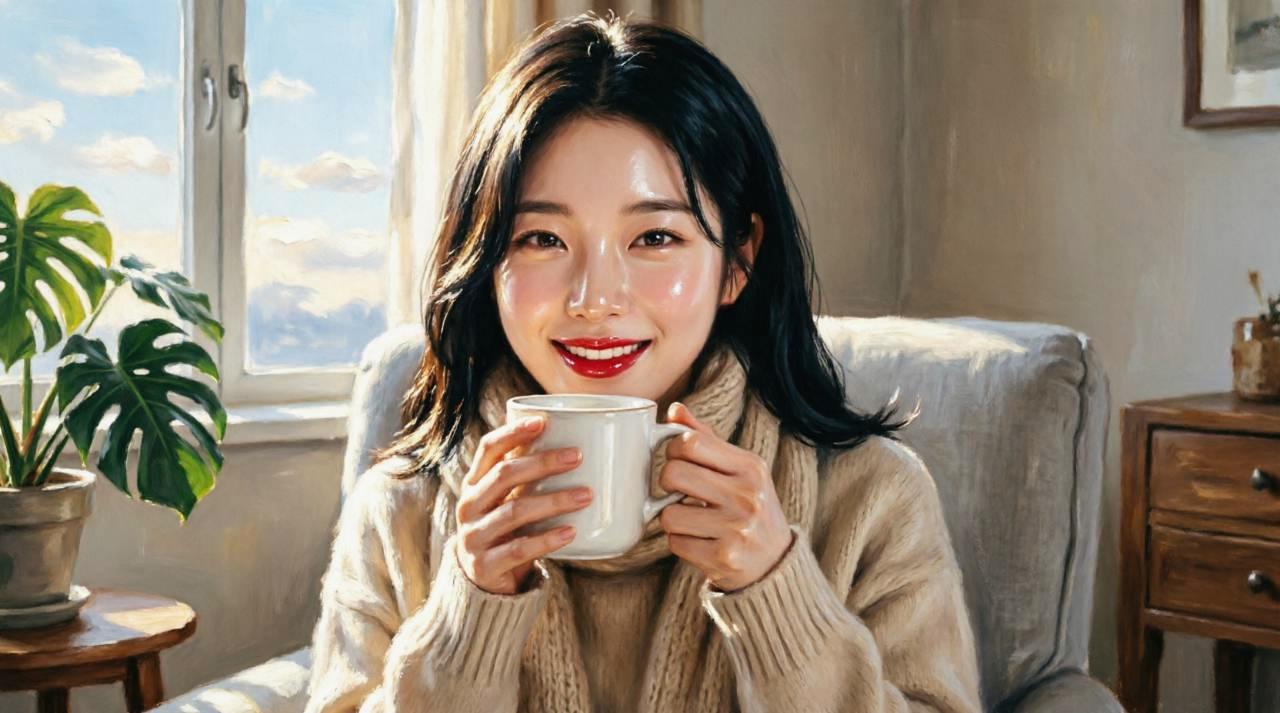 午後の日差しが差し込むカフェテラスで、ヘルシーなおやつとともにリラックスして微笑む大人の女性